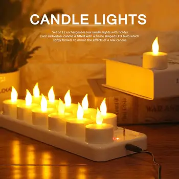 

12pcs LED Tea Lights Candles Rechargeable Flickering Flame Shaped LED Bulb for Wedding Party Dinner With Holder US/EU/UK/AU Plug