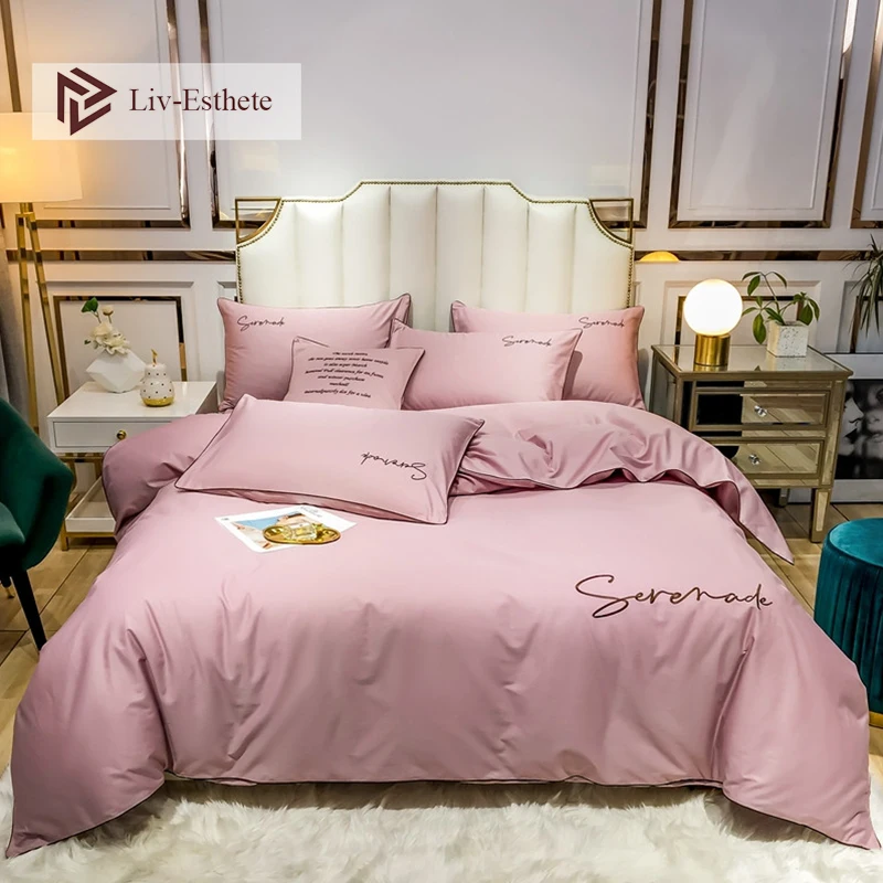 

Liv-Esthete Luxury 100% Cotton PInk Beauty Bedding Set Duvet Cover Set Flat Sheet Pillowcase Double Queen King For Adult Bed
