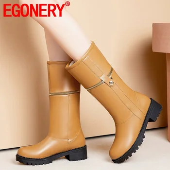 

EGONERY winter new plush warm snow boots outside mid heels round toe mid calf boots plus size casual women shoes drop shipping