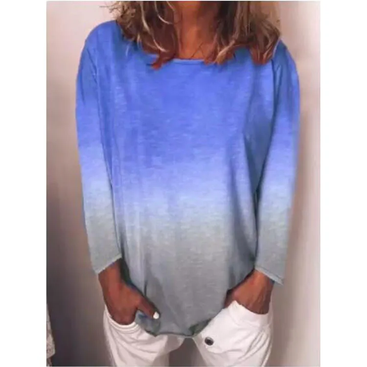 Long sleeve blue Летняя женская футболка с градиентным принтом, топы для девушек с коротким рукавом, Свободные повседневные хлопковые футболки, Большие футболки, S-5XL футболки - Цвет: Long sleeve blue
