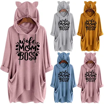 

2019 Autumn Winter Women Hooded Hoodies Women Casual Print Cat Ear Hooded Long Sleeves Pocket Top Blouse Shirt