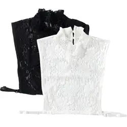 Women Stylish Detachable Collar Half Shirt Blouse See-Through Floral Lace Button Down Lapel False Fake Collar Clothing Decor