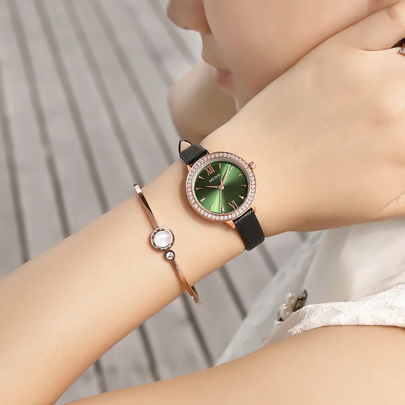 MEGIR женские часы Reloj Mujer Green Face кожаный ремень роскошь женские часы с бриллиантамы женские Relogio Feminino женские часы