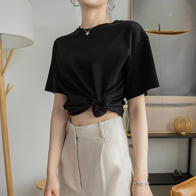 Summer Women's Short-Sleeved T-Shirt Ins Korean Style Fashion Basic Round Neck Solid Color Mercerized Cotton Loose Base 2020