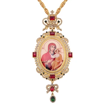 

Orthodox Pectoral Cross Necklace Religious Icon Byzantine Catholic Crucifix Crown Full Colorful Crystal Pendant Long Necklace