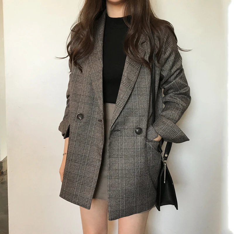 

Long Sleeve Cotton jacket Csual vintage Coat Plaid blazer Jacket Women's Blazer Suits check Notched solid Elegant Women Tops 99i