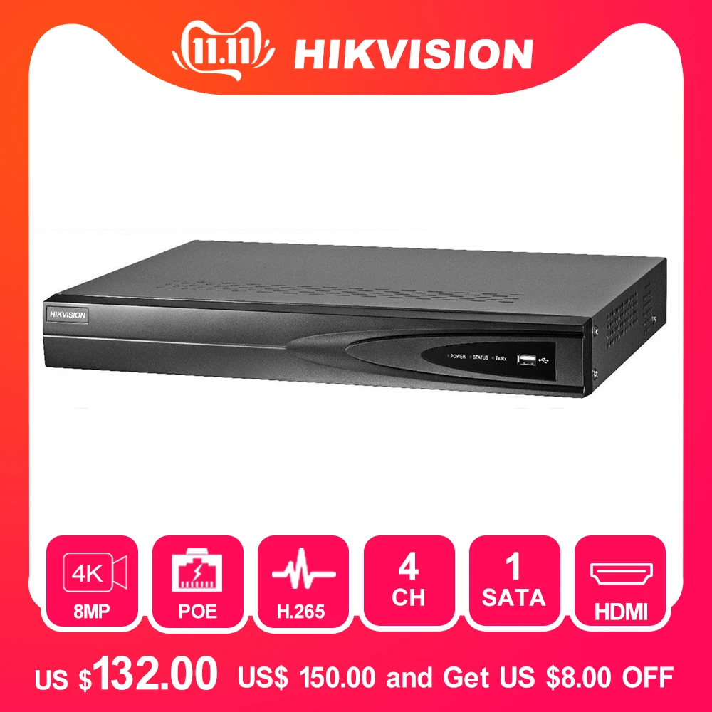  Hikvision 4 Channel CCTV System 4CH NVR POE DS-7604NI-K1/4P 1SATA 4 POE Ports HDMI and VGA Embedded - 32470333292
