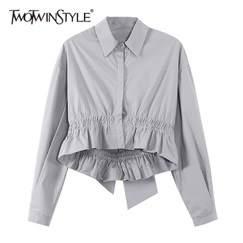 

TWOTWINSTYLE Bowknot Patchwork Ruched Ruffle Shirt For Women Lapel Collar Long Sleeve Hollow Out Shirts Female 2020 Fashion New