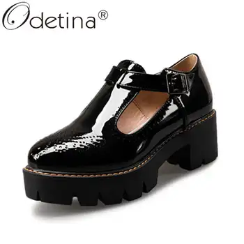 

Odetina Women Fashion Non-slip Block Thick High Heel Brogue Shoes T-tied Round Toe Buckle Strap Sewing Platform New Casual Pumps