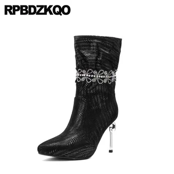 

suede high heel ankle pointed toe women diamond rhinestone shoes stiletto big size 2019 winter thin quality metal boots black