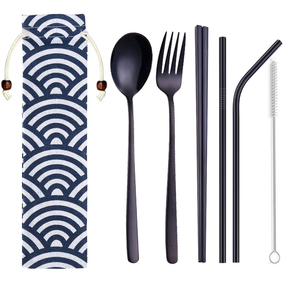 6Pc/set Creative Stainless Steel Cutlery Set Spoon Fork Chopsticks Straw Brush Color Linen Bag Set Korean Spoon Fork Straw Set