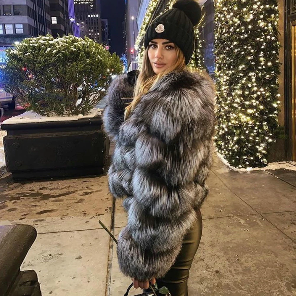 Fashion Real Silver Fox Fur Jacket Round Collar Women New High Quality Genuine Ful Pelt Silver Fox Fur Coats Female Overcoats