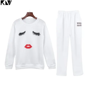 

KLV Women Solid Color Sweatsuit Set Cute Eyelash Lips Christmas Reindeer Print Sweatshirt Long Pants Sport Suits Tracksuit