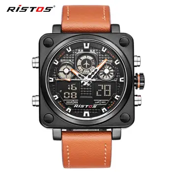 

RISTOS 2020 Chronograph Men Multifunction Sport Leather dual display Watches Analog Fashion Wrist watch Relojes Masculino Hombre