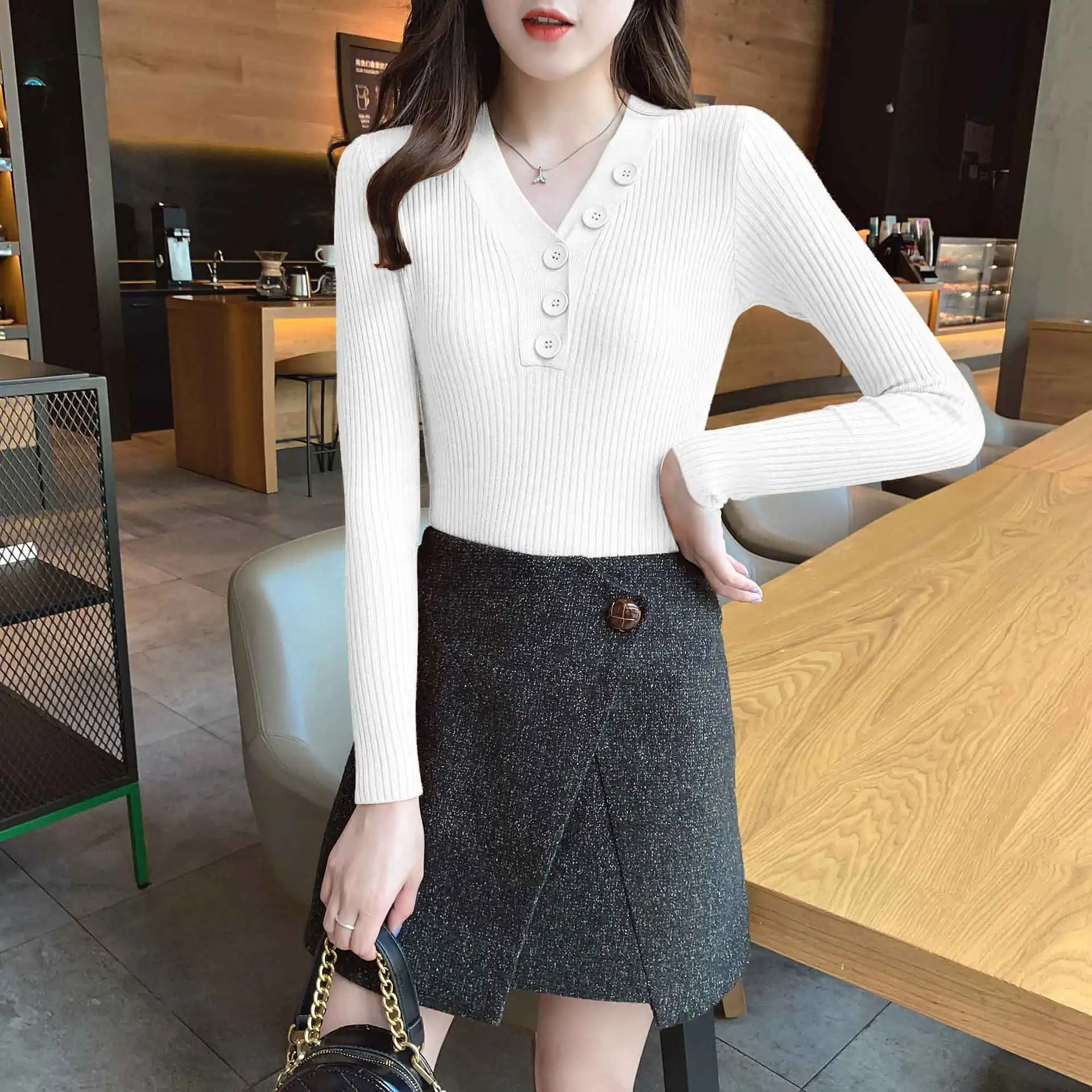 

2019 Winter V Neck Soft Rib Knitted Sweater Women Thin Pullover Jumper Knitted Sweater Pull Femme Hiver Truien Dames New Clothes