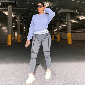 

OrangeA sweatpants women geometric elastic hight flat joggers pants letter print streetwear high waist 2020 summer slim clothes