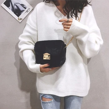 

New Style Women's Chain Messenger Bags Fashion Shoulder Bag High Quality Soft Rabbit Fur Square Sewing Brand Sports Women's Bags