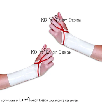 

White And Red Sexy Fingerless Short Latex Gloves With Ring Rubber Gauntlets Mittens ST-0027