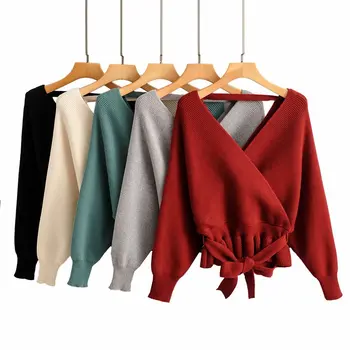 

2020 women sexy backless jumper Korean fashion sweater lantern sleeve deep v neck solid bow pullover loose sexy dresses femme