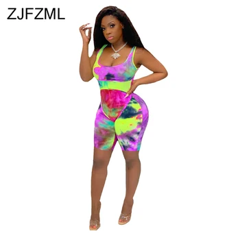 

Plus Size High Waist Sexy Fitness Playsuit Women Rainbow Tie Dye Sleeveless Skinny Jumpsuit Streetwear Beach Wear Short Jumpsuit