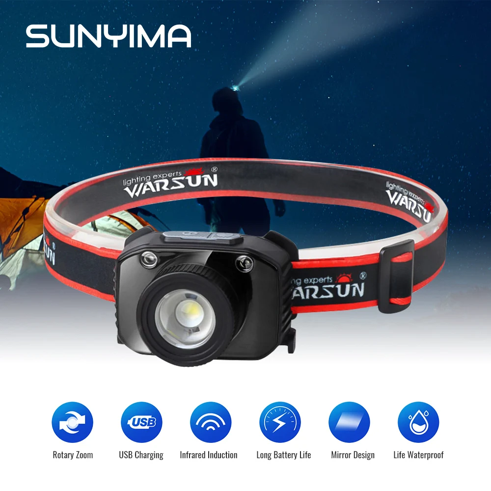 

SUNYIMA Headlamp USB Rechargeable Headlight Zoom Led Headlamp Powerful Head Lamp Waterproof for Outdoor Fishing Camping