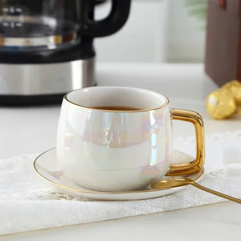 

Ceramic Cup Marbling Mug Round Tea Coffee Cup Saucer Handcraft Pearl White Milk Mug With Spoon Creative Shape Fruit Tea Set