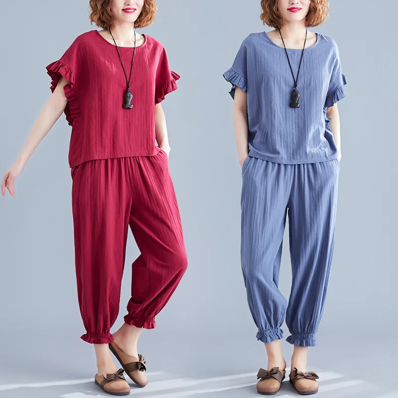 

2019 Summer New Style Retro Literature And Art Frilled Loose Casual Belly Covering Solid Color Cotton Linen Harem Set