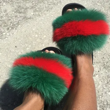 

Slides Fox Fur Fur Women Real Slippers Fluffy Raccoon Fur Sandals Flat Indoor Slippers Female Flip Flops Cute Furry Woman Shoes