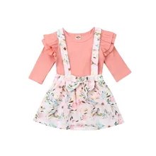 Милый хлопковый боди с длинными рукавами для новорожденных девочек; топы с цветочным принтом и бантом; юбка на подтяжках; комплект из 2 предметов; комплект одежды принцессы для девочек