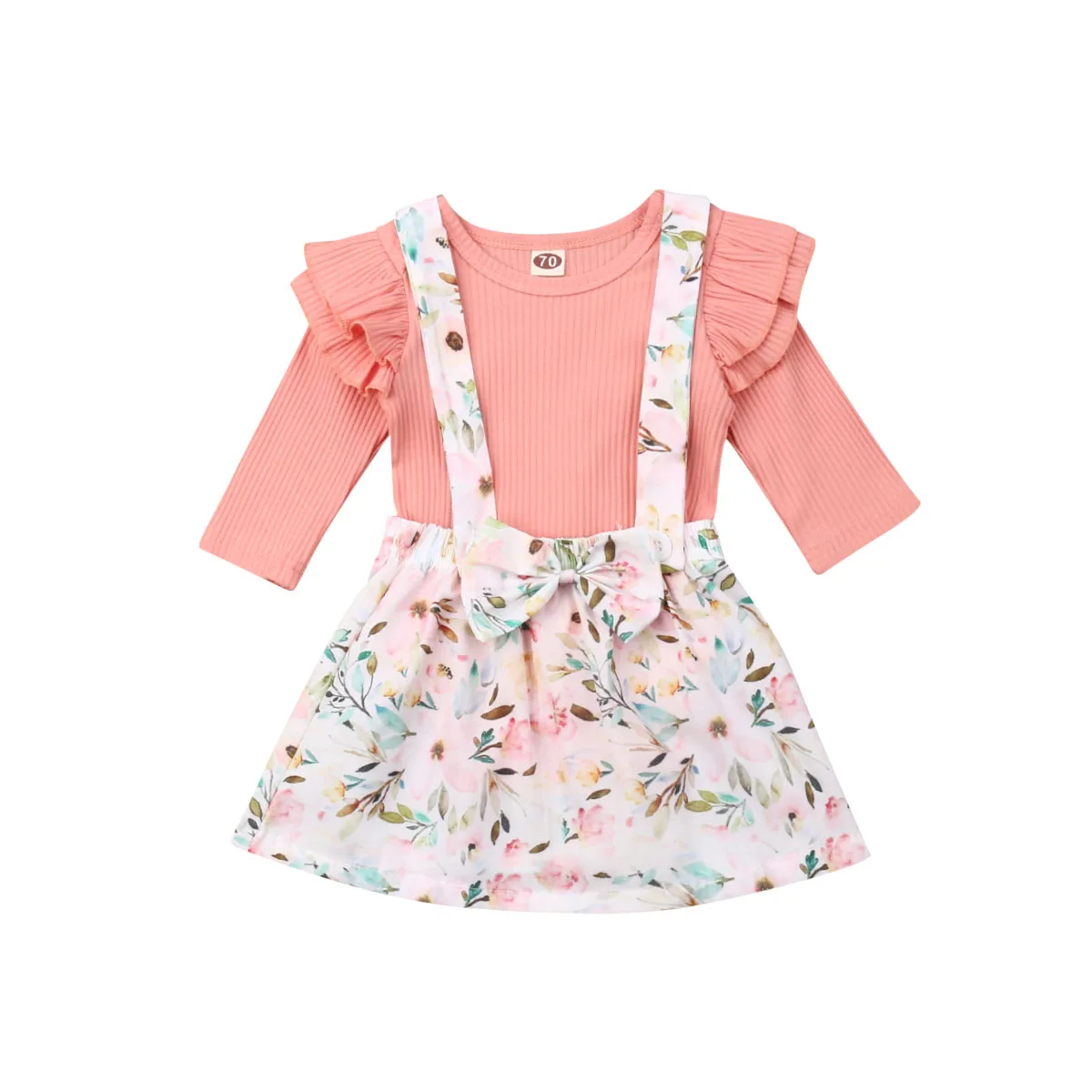 

Cute Newborn Baby Girl Long Sleeve Cotton Bodysuit Tops Floral Bow Suspender Skirt 2PCS Outfits Princess Girls Clothes Set