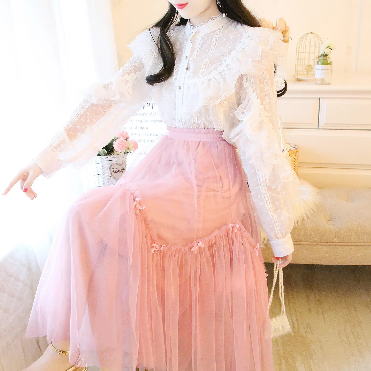 

Photo Shoot New Style 2020 Spring Hipster Chiffon Blouse Shirt + Skirt Two-Piece Shirt Set