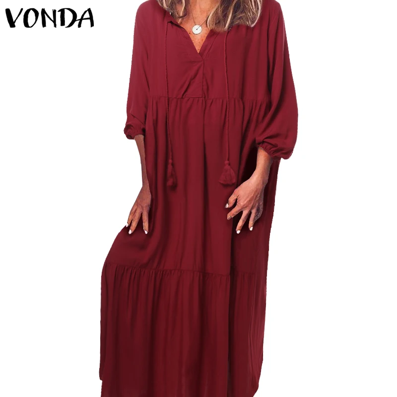 Бордовый VONDA/женские платья с длинным рукавом и v-образным вырезом, праздничное платье с оборками, повседневный свободный плиссированный Сарафан Макси для беременных - Цвет: Бордовый