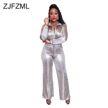 

Single-Breasted Elegant Wide Leg Jumpsuit Women Turn Down Collar Long Sleeve Romper Autumn Winter Drawstring One Piece Overalls