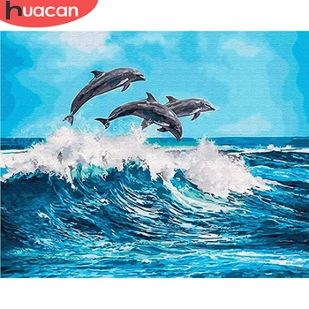 

HUACAN Pictures By Numbers Dolphin Oil Painting Art Gift DIY Coloring By Number Animal Kits Home Decors
