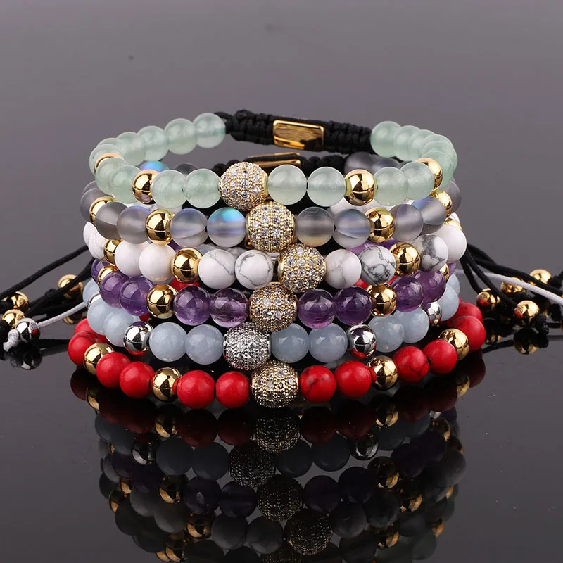 High Quality New Fashion 6mm Natural Stone CZ Pave CharmBeads Custom Macrame Bracelet Jewelry For Men Women