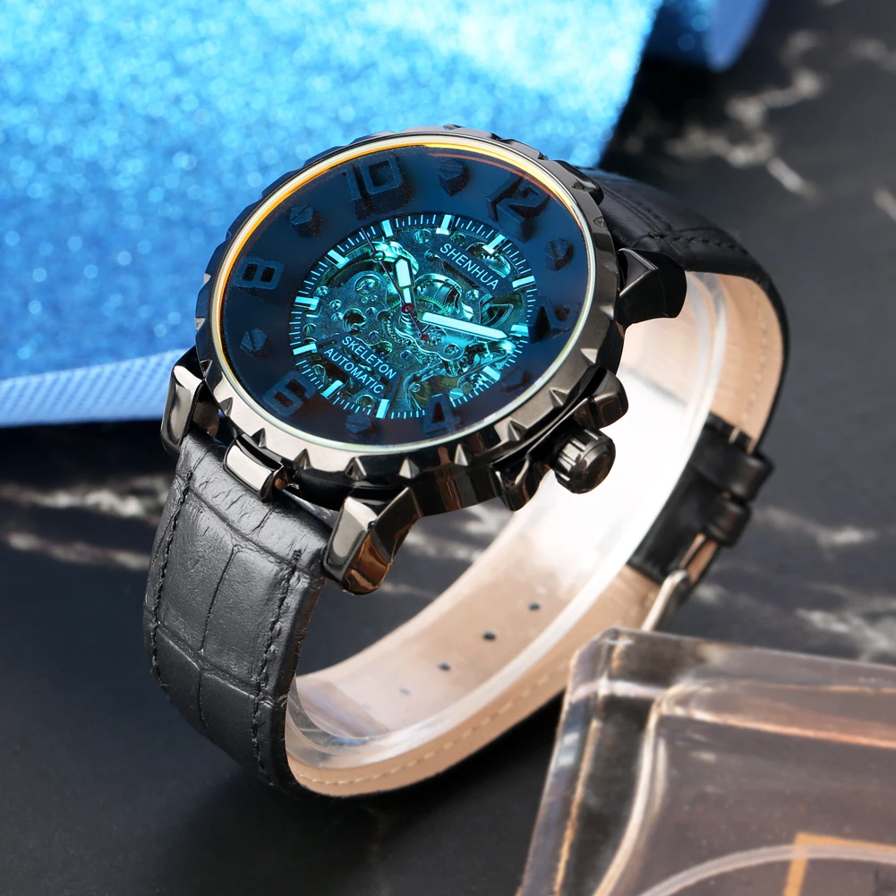 Reloj de pulsera mecánico para hombre, accesorio deportivo de lujo, de cuerda automática, con esqueleto de cuero genuino