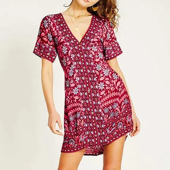 

Fashion Women's V-Neck Summer Dress Floral Print Bohemia Holiday Short Sleeve Buttons Vacation Mini Dress платье женское#30