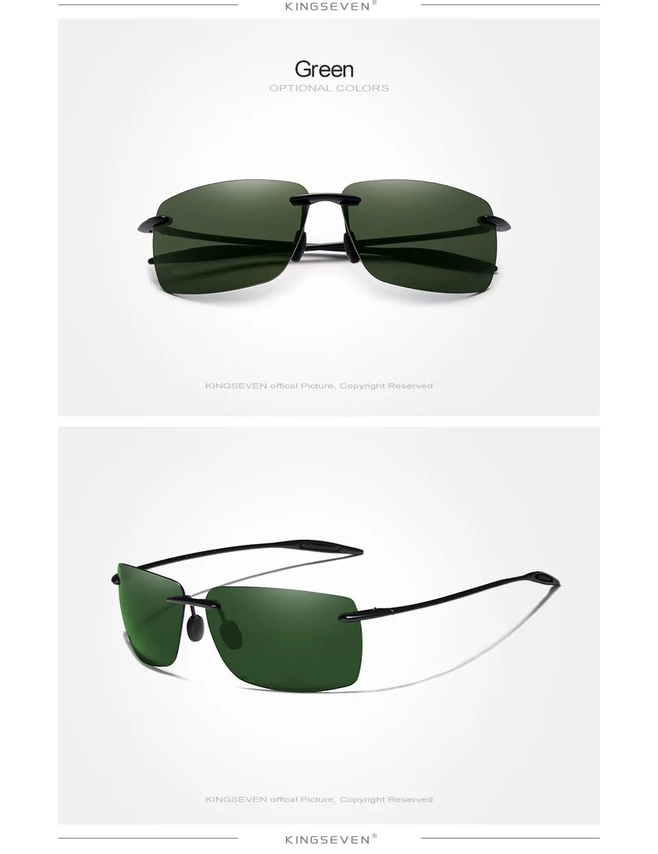 KINGSEVEN Polarized Sunglasses Fashion Rimless Lens Driving Square Male Women TR9 N7025