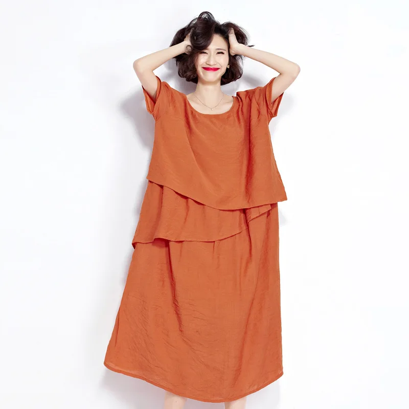 

Photo Shoot Summer Large Size Dress Mid-length Irregular Multilayer Retro Color Cotton Linen Solid Color Dress Women's