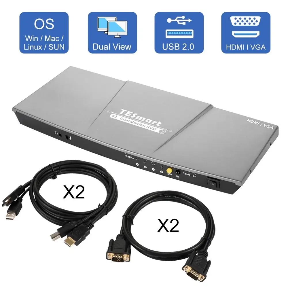 HDMI KVM переключатель двойной монитор 4 порта(2 HDMI и 2 VGA) вход 2 порта(HDMI) выход KVM переключатель HDMI 4 k@ 30 Гц KVM кабель и VGA кабель