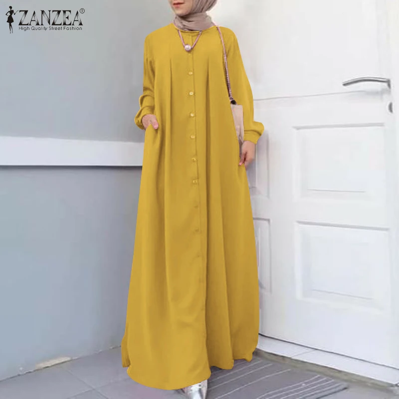 

ZANZEA Autumn Women Long Sleeve Sundress Vintage Hijab Muslim Dress Casual Islamic Clothing Caftan Robe Maxi Long Dress Kaftan