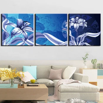 

3 Pieces Canvas Art Prints Wall Art Blue Flower Paintings Pictures Paintings for Bedroom Modern Posters Giclee Artwork