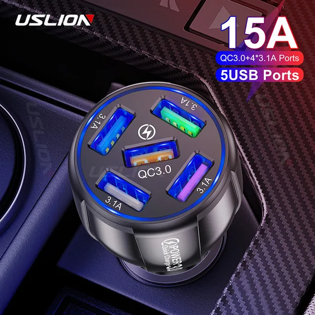 USLION 15A 5 Ports USB Car Charge Quick Mini LED Fast Charging For iPhone 12 Xiaomi Huawei Mobile Phone Charger Adapter in Car 1
