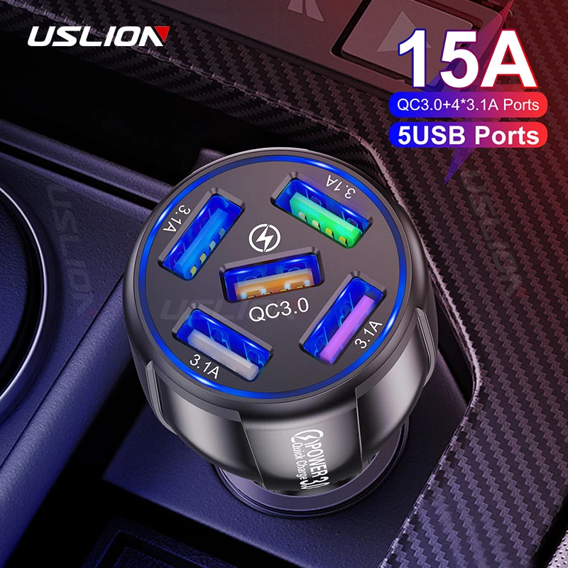 usb micro charger USLION 15A 5 Ports USB Car Charge Quick Mini LED Fast Charging For iPhone 12 Xiaomi Huawei Mobile Phone Charger Adapter in Car samsung super fast car charger