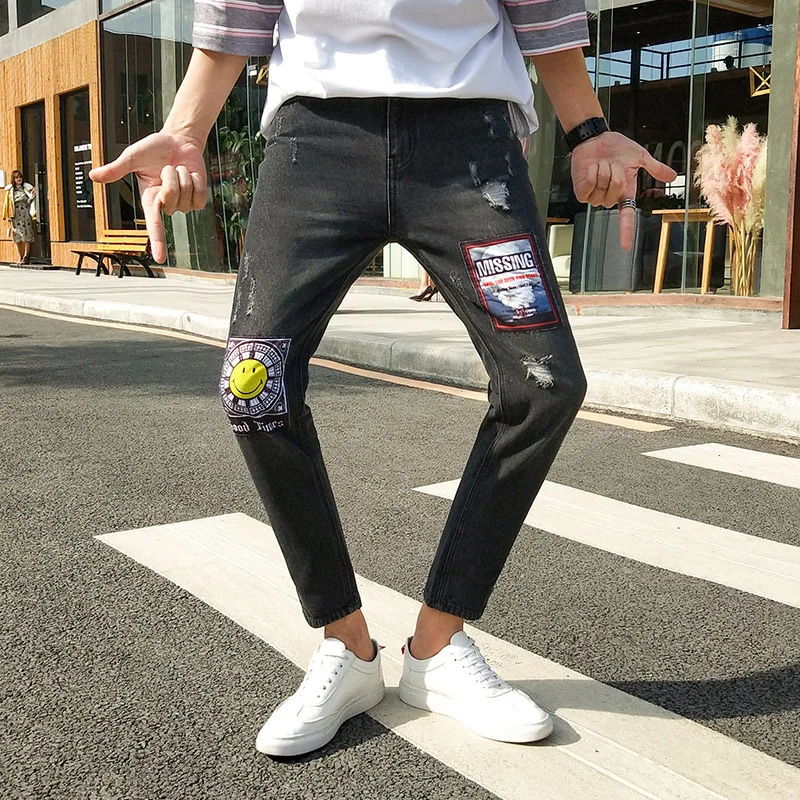 Мужские джинсовые шорты с вышивкой джинсы с принтом в стиле «хип-хоп тонкий Рваные джинсы облегающие, рваные отверстие тесьмой slim Fit