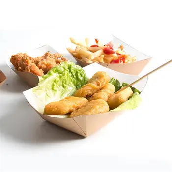 

100Pcs Disposable Paper Food Serving Tray Kraft Paper Take-Out Box Boat Shape Snack Open Box French Fries Chicken Storage Tray