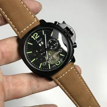 

Skeleton Men Automatic Mechanical Sapphire Stainless Steel Brown Genuine Leather strap Matte Bezel Watch Luminous 43mm AAA