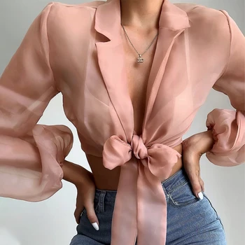 

Sexy Elegant Women See-through Deep V neck Shirt Top Mesh Front bow knot tied Long Puff Sleeve Ruched Blouse