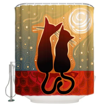 

Cat Lovers Silhouette Shower Curtain Waterproof Polyester Fabric Bathroom Decor Printed with 12 Hooks