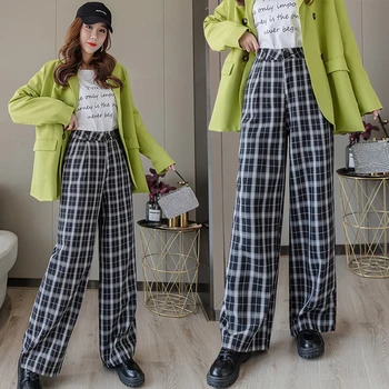 

Vintage Autumn 2019 Fashion Pocket Pants Loose Casual Zip Plaid Pantalon Mujer Korean High Waist Trousers Women